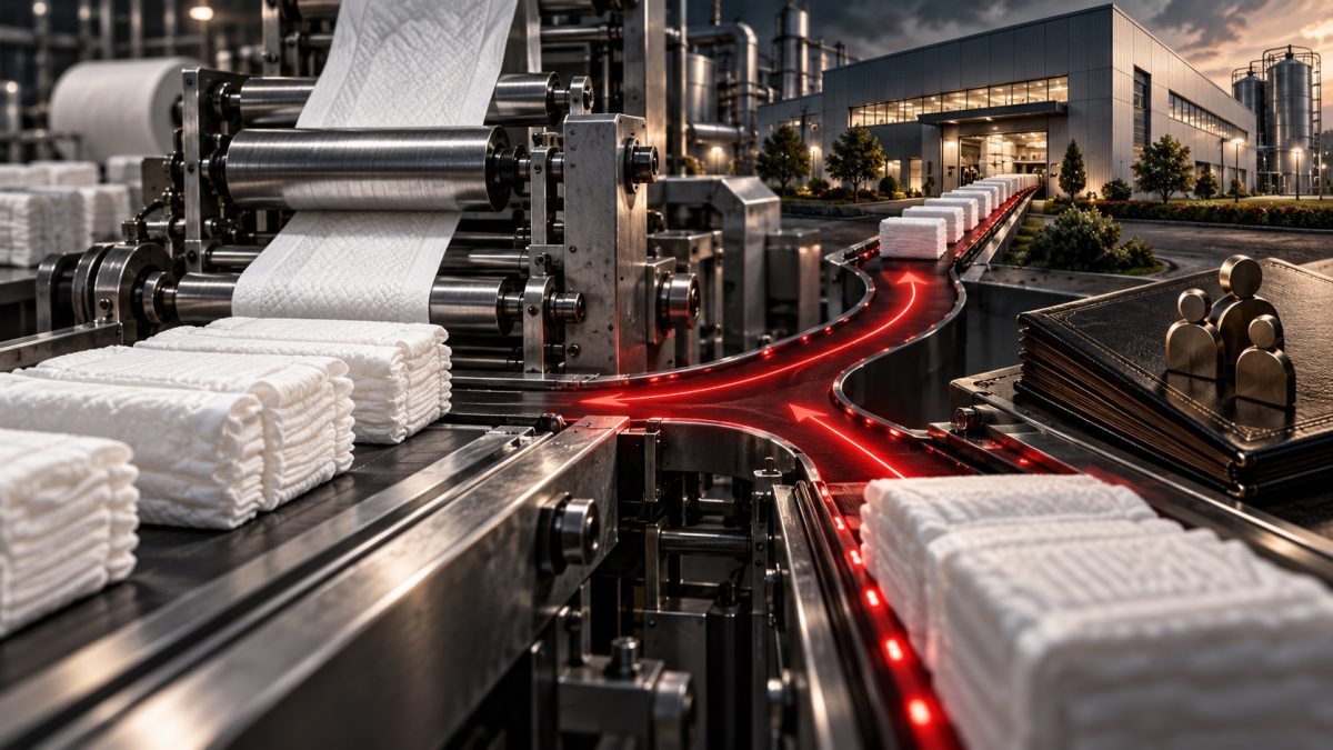 White hygiene sheets moving through an industrial line, illustrating the Swara Baby IPO funding split