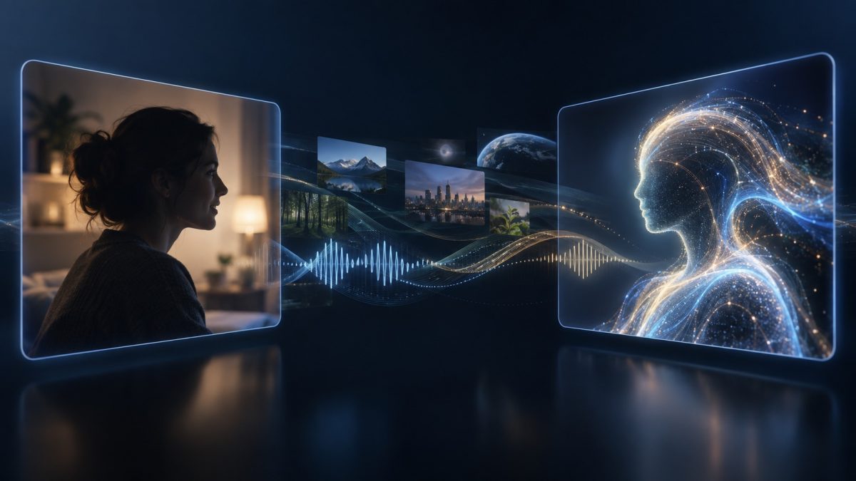 Human video caller facing an abstract AI presence, illustrating Tavus Griffin real-time video conversation