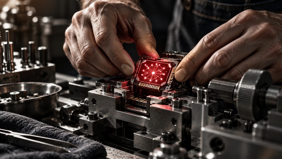 Hands placing a glowing AI chip into a precision tool, illustrating human-led AI skills