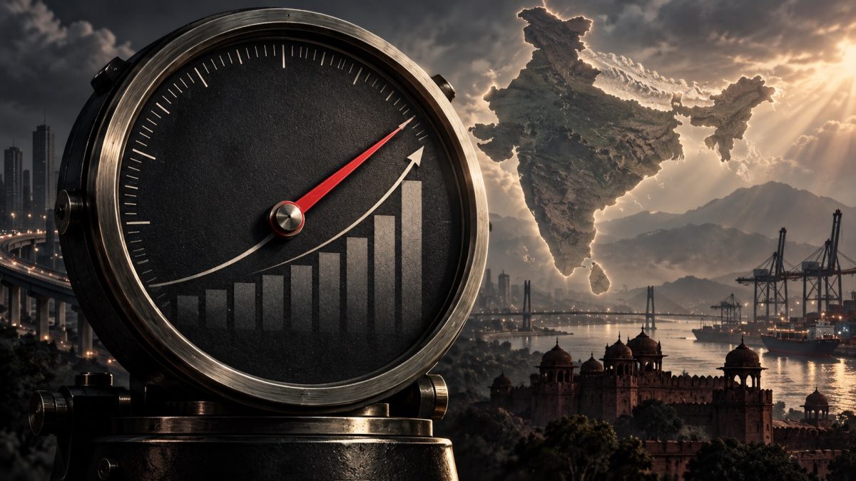 India GDP growth forecast illustration: a red forecasting gauge beside a map of India