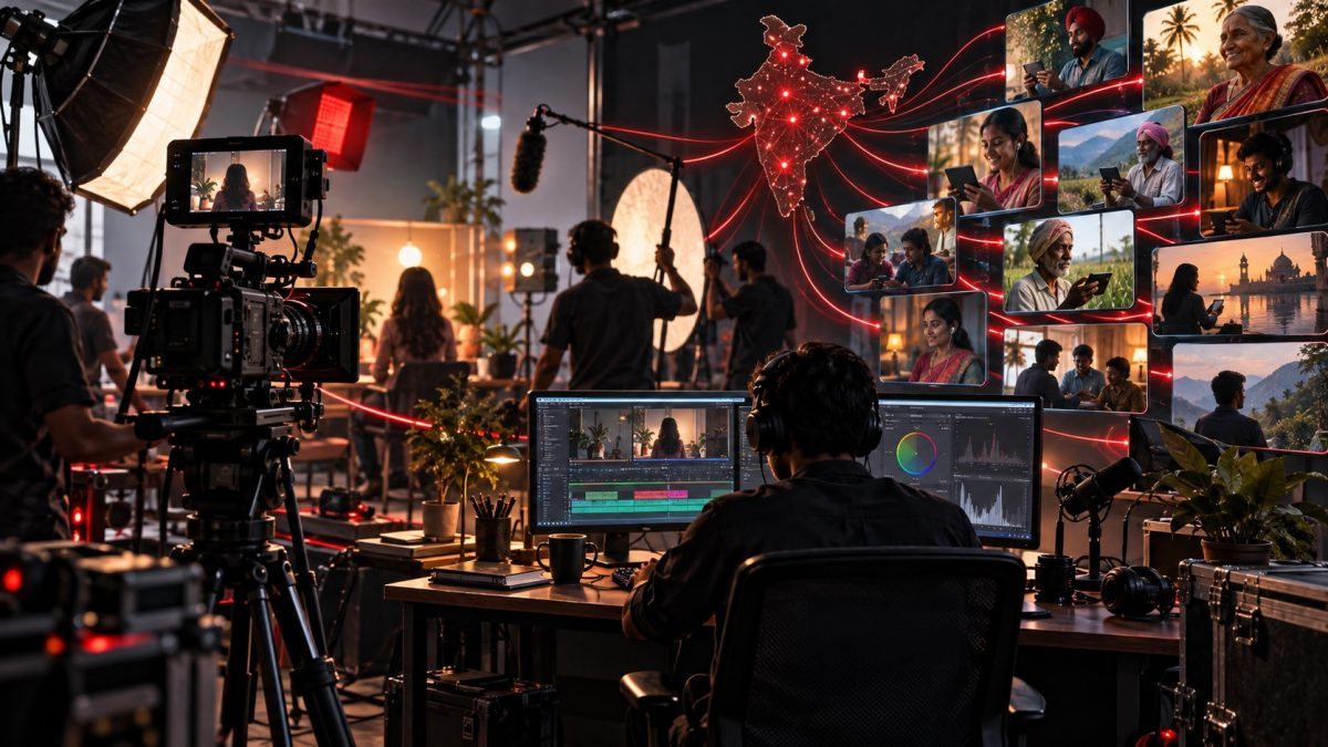 Indian video production studio with camera and crew, illustrating the YouTube creator economy